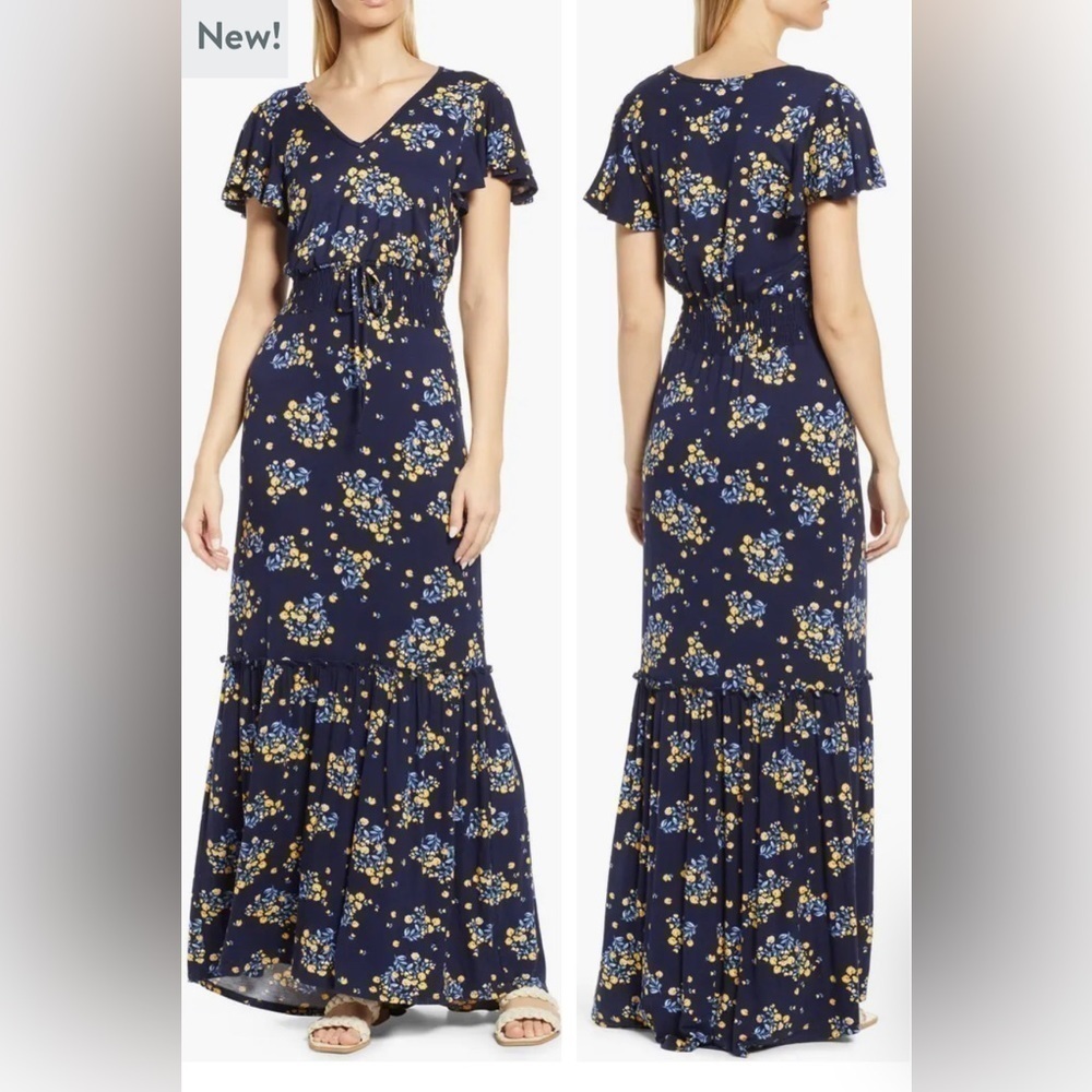 LOVEAPPELLA FLORAL SMOCK WAIST KNIT MAXI NAVY MEDIUM NEW WITH TAGS